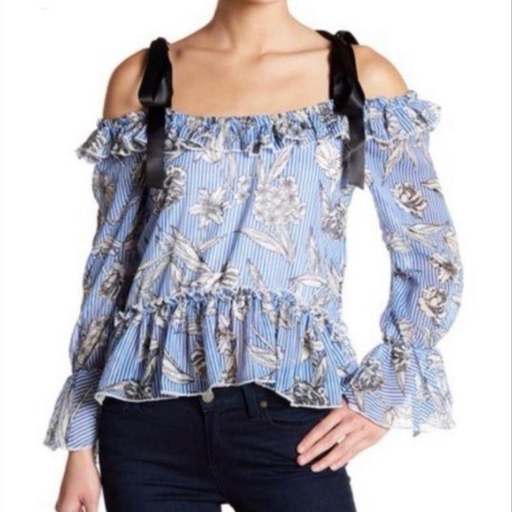 Romeo and Juliet Couture Off the Shoulder Ribbon Tie Ruffle Print Top sz S NWOT